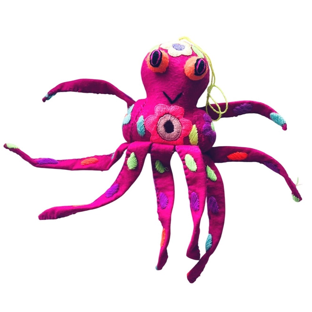 Colorful Embroidered Octopus Plush Ornament Folk Art Boho Pink Floral 11"